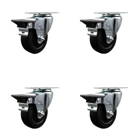 Service Caster 3.5'' Soft Rubber Wheel Swivel Top Plate Caster Set Posi Brake, 4PK SCC-20S3514-SRS-PLB-4